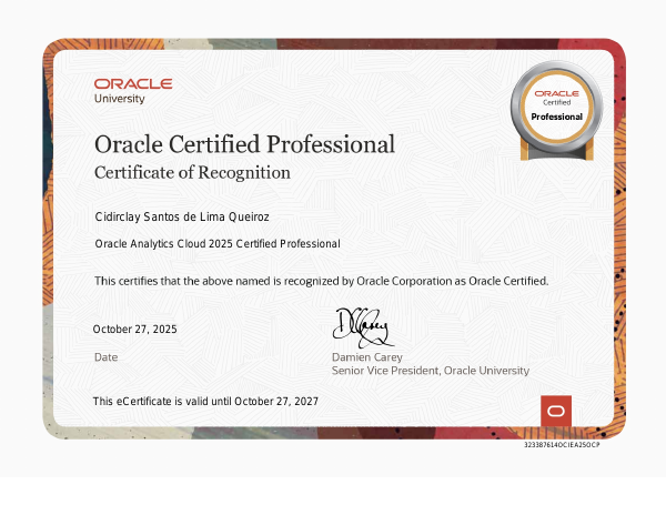 Imagem do certificado Oracle Analytics Cloud 2025 Certified Professional