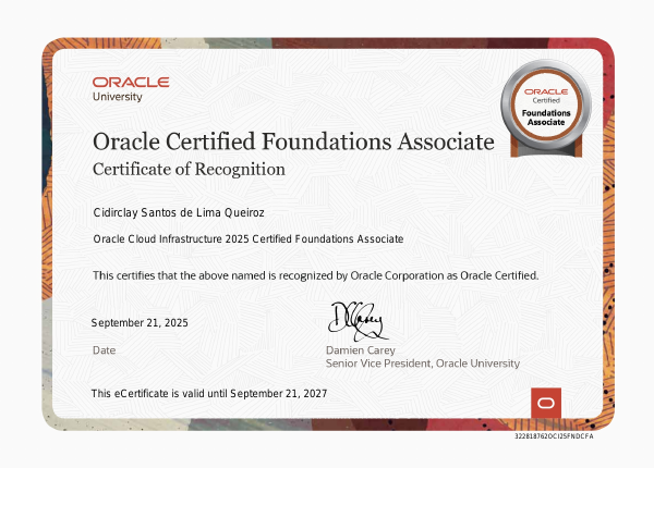 Imagem do certificado Oracle Cloud Infrastructure 2025 Certified Foundations Associate
