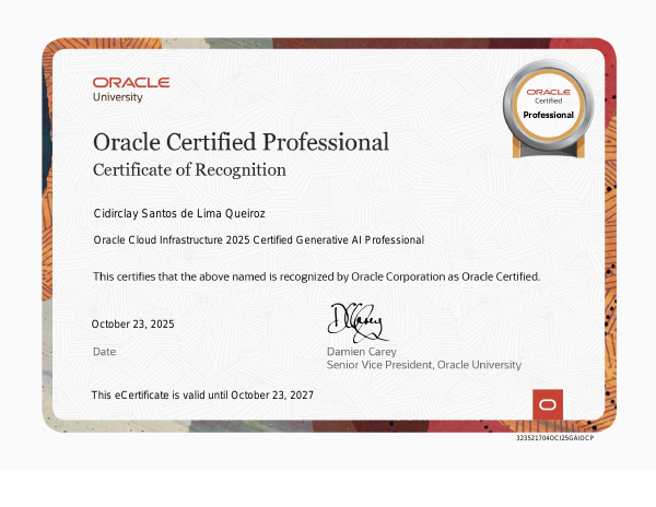 Imagem do certificado Oracle Cloud Infrastructure 2025 Certified Generative AI Professional