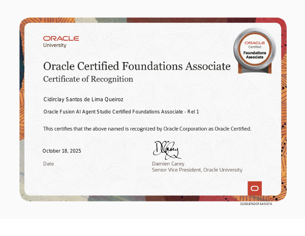 Imagem do certificado Oracle Fusion AI Agent Studio Certified Foundations Associate